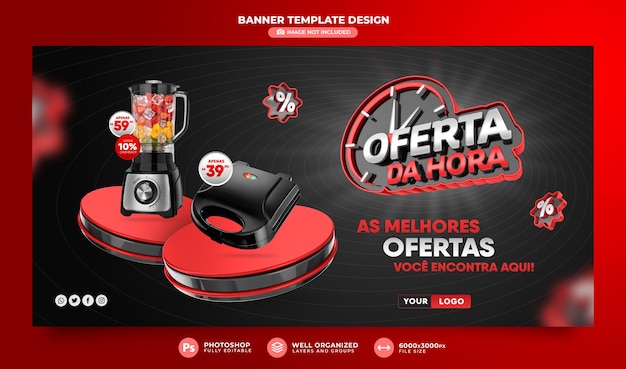 Oferta de banner de la hora en Brasil render 3d diseño de plantilla en portugués