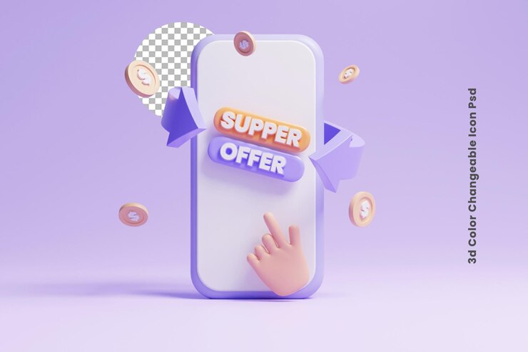 PSD oferta de cena 3d etiqueta de venta promocional con teléfono inteligente u oferta de descuento 3d oferta de cena con moneda
