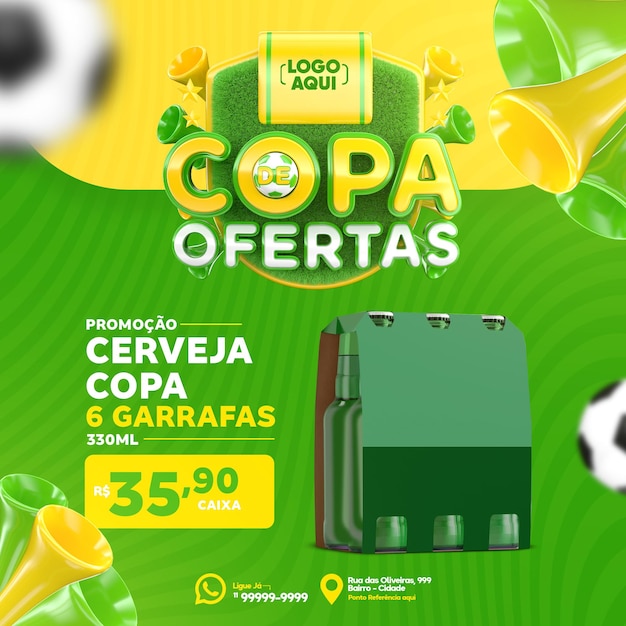 Oferta copa social media en render 3d para campaña de marketing de brasil en portugués