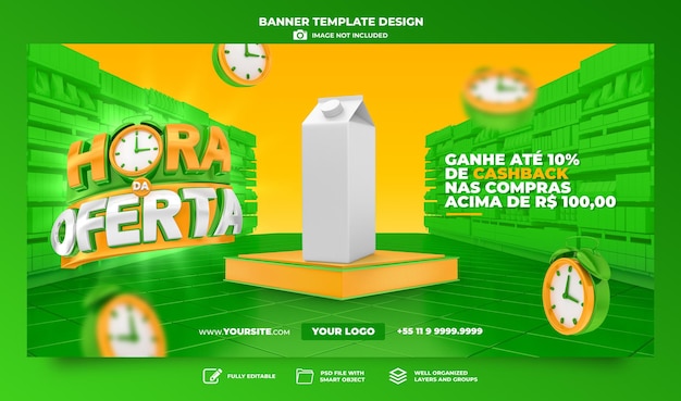 Oferta de banner da hora no brasil renderiza design de template 3d em português