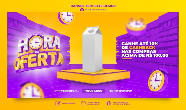 Oferta de banner da hora no brasil renderiza design de template 3d em português