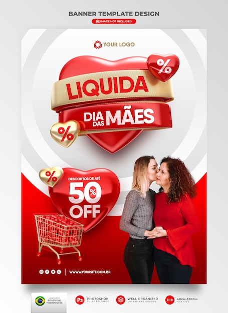 Oferta de banner do dia das mães em renderização 3d portuguesa para campanha de marketing no Brasil