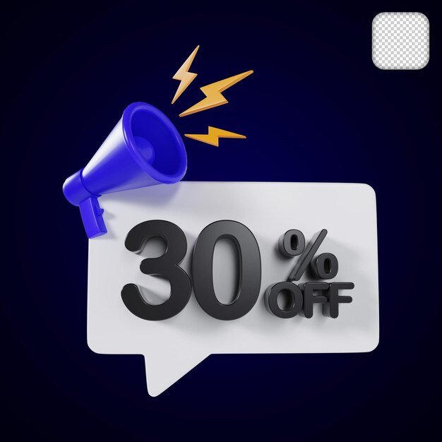 Oferta de desconto de venda com 30% de desconto com ilustração 3d do megafone