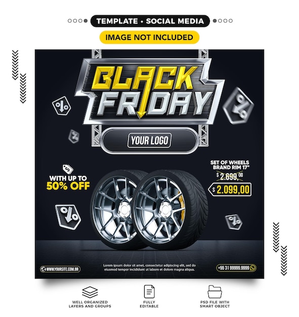 Oferta de venda de rodas de carro no feed de mídia social da black friday