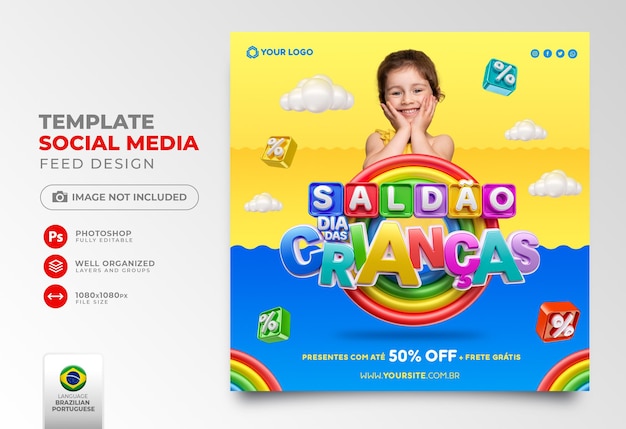 Oferta del Día del Niño Post Social Media en 3d para campaña de marketing en Brasil en portugués