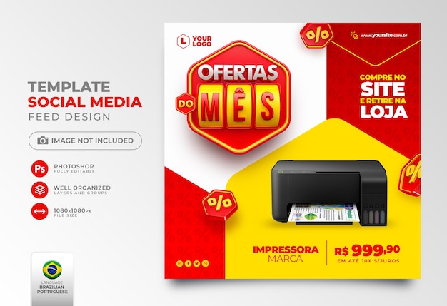 Oferta do mês de postagem de mídia social em renderização 3d portuguesa para campanha de marketing no brasil