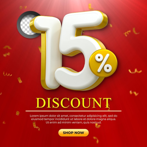 Oferta especial 15 por ciento de descuento etiquetas de venta concepto de número 3d descuento promoción de venta