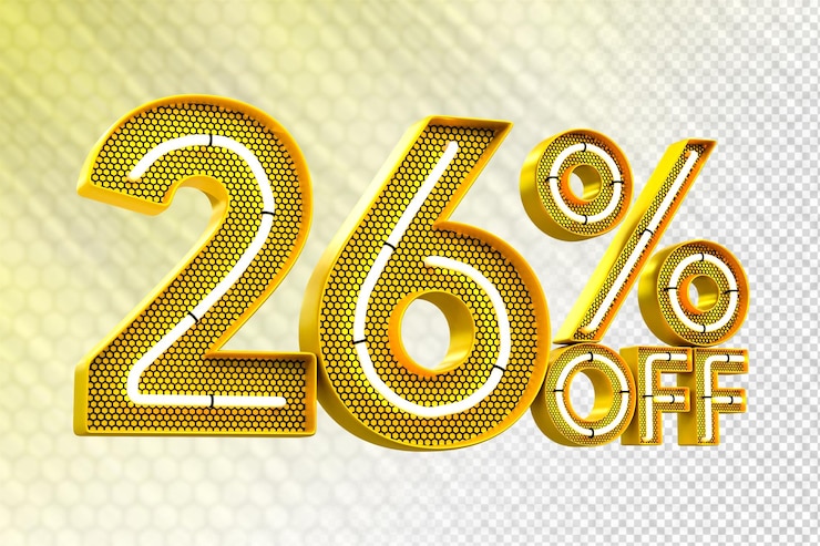 PSD oferta especial de 26 por cento de desconto em 3d tags de venda de número de renderização em 3d conceito de promoção de desconto