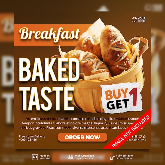 Oferta especial de menu de sabor assado na hora do café da manhã promoção de mídia social instagram post feed modelo de banner