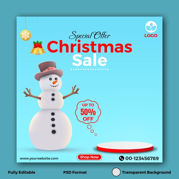 Oferta especial de venda de Natal fundo de modelo de mídia social com boneco de neve e sinos dourados