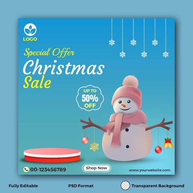 PSD oferta especial de venda de natal modelo de mídia social fundo com boneco de neve