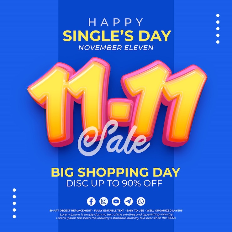 PSD oferta especial del día de soltero de psd 1111 con banner cuadrado de efecto de texto de estilo 3d editable para la promoción en las redes sociales