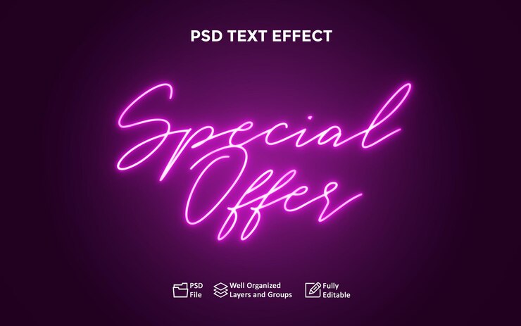 PSD oferta especial efecto de texto de brillo de neón púrpura o estilo de texto de efecto de brillo púrpura claro