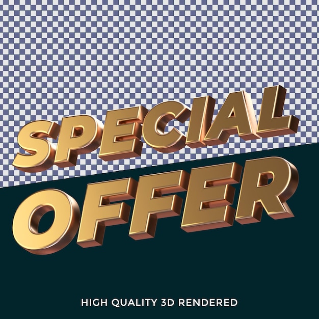 Oferta especial estilo de texto isolado renderizado em 3d com textura metálica dourada realista