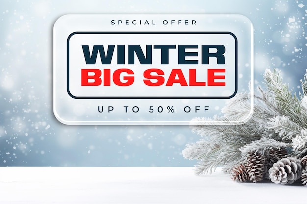 PSD oferta especial de invierno gran venta plantilla de póster con invierno mostrar ramas de abeto en la mesa nevada