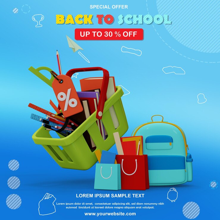 PSD oferta especial de renderizado 3d día de compras de regreso a la escuela, psd premium