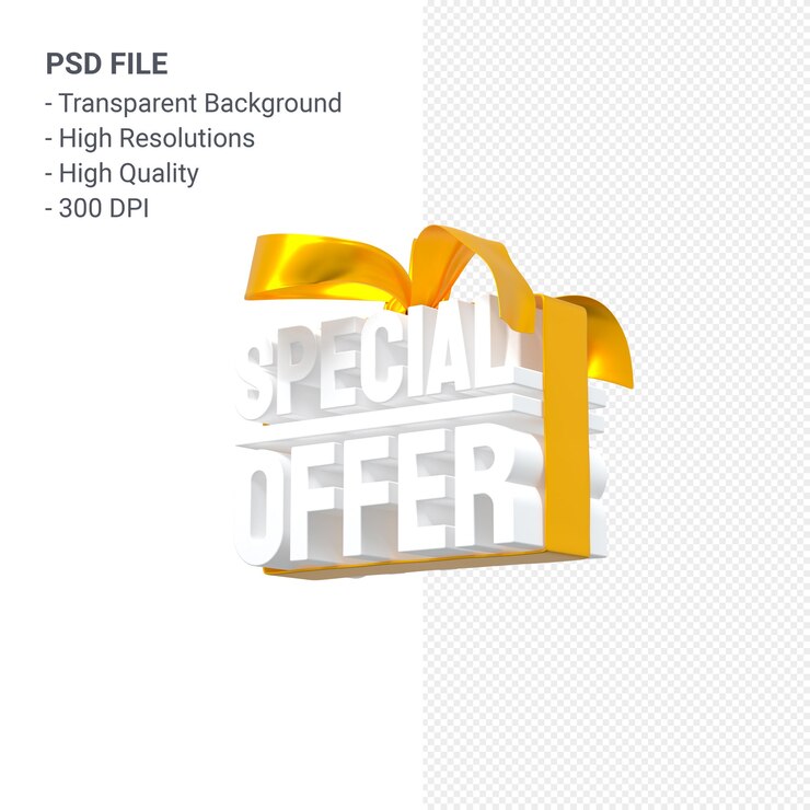 PSD oferta especial venta representación de diseño 3d a la venta con lazo amarillo y cinta aislada