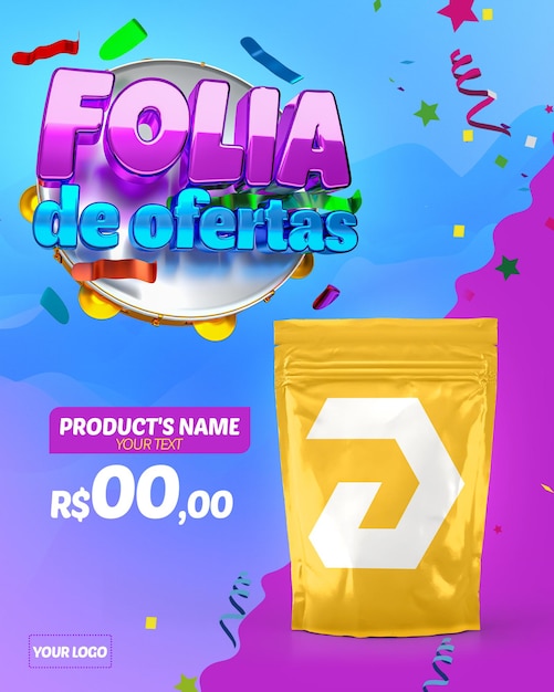 PSD oferta foliage 3d carnaval pandeiro banner de redes sociais