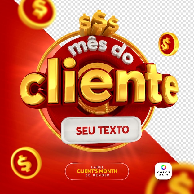 Oferta del mes del cliente de etiqueta PSD en representación 3d portuguesa para campaña de marketing en brasil