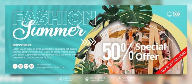 Oferta de moda de verano con estilo de verano tosca color publicación en redes sociales plantilla de banner de portada de facebook