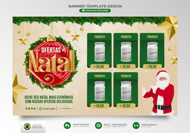 Oferta de navidad de banner en render 3d portugués para marketing en diseño de plantilla de brasil