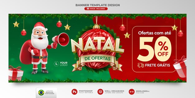 PSD oferta de navidad feliz en portugués diseño de plantilla de renderización en 3d