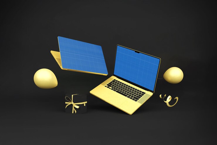 PSD oferta de regalo de una computadora portátil de oro
