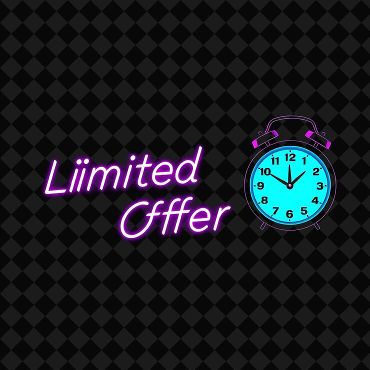 PSD oferta de tiempo limitado parpadeante texto en neón ciruela vibrante y orquídea con relojes y relojes de arena
