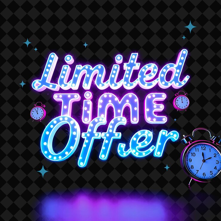 PSD oferta de tiempo limitado de texto brillantes en neón azul vibrante y cian adornado con relojes kawaii