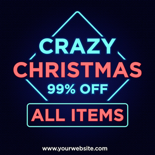 Ofertas de natal loucas 99% de desconto no banner no design de estilo neon