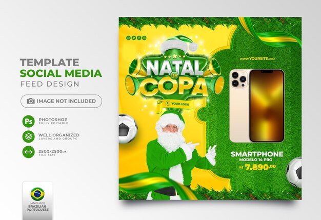 Ofertas pós-Natal de mídia social sobre futebol em renderização 3D para campanha de marketing no Brasil