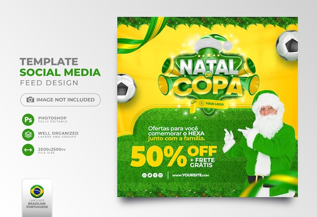 Ofertas pós-Natal de mídia social sobre futebol em renderização 3D para campanha de marketing no Brasil