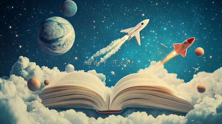 PSD offenes buch mit raketen, die zu planeten im weltraum fliegen