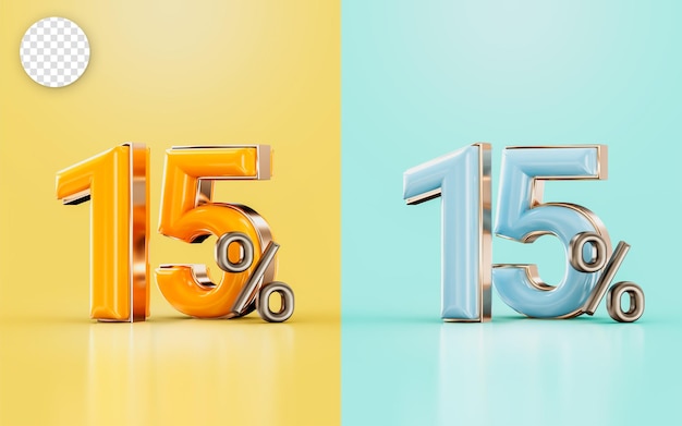 Offerta di sconto del 15 percento con due diversi concetti di rendering 3D di colore lucido arancione e ciano
