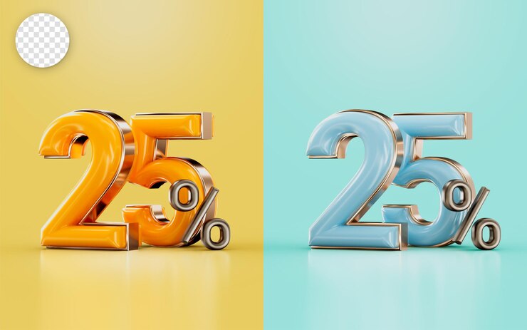 Offerta di sconto del 25% con due diversi concetti di rendering 3d di colore lucido arancione e ciano