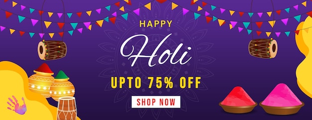 Offerta di sconto per Happy Holi Festival Sale Banner Design piatto