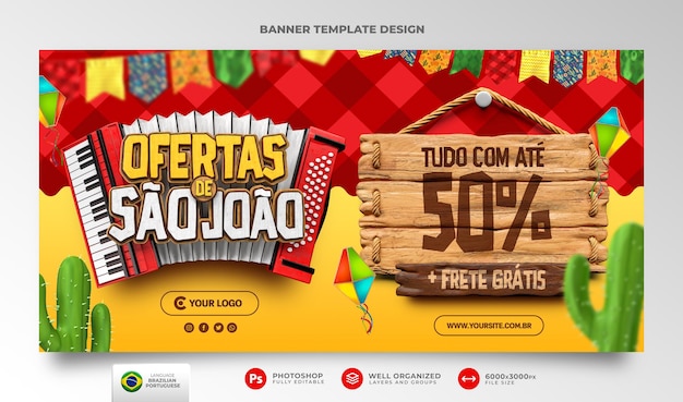 Offerte banner della celebrazione di giugno in portoghese rendering 3d per la campagna di marketing in brasile