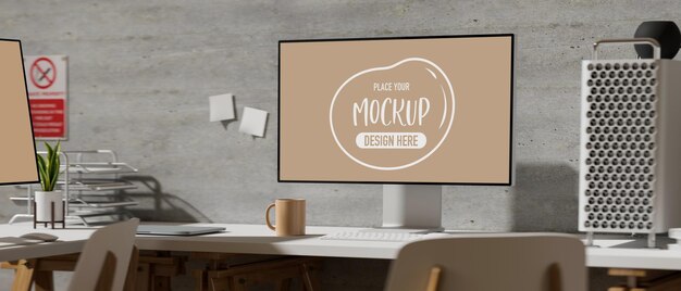 Office desk with computer mockup device and office supplies