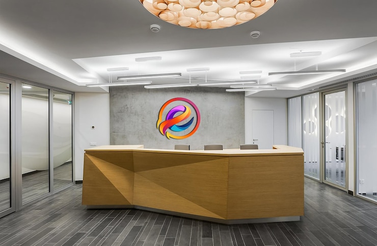 PSD office wall mockup logo mockup on receptionist desk