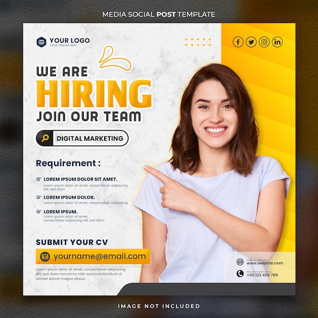 Offre d'emploi ou recherche de travailleurs Modèle de publication sur les médias sociaux avec la couleur jaune