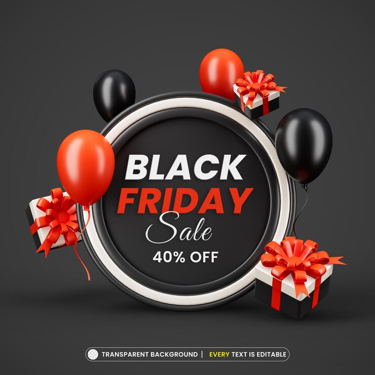 PSD offre de réduction black friday sale avec illustration de rendu 3d de ballon de boîte-cadeau