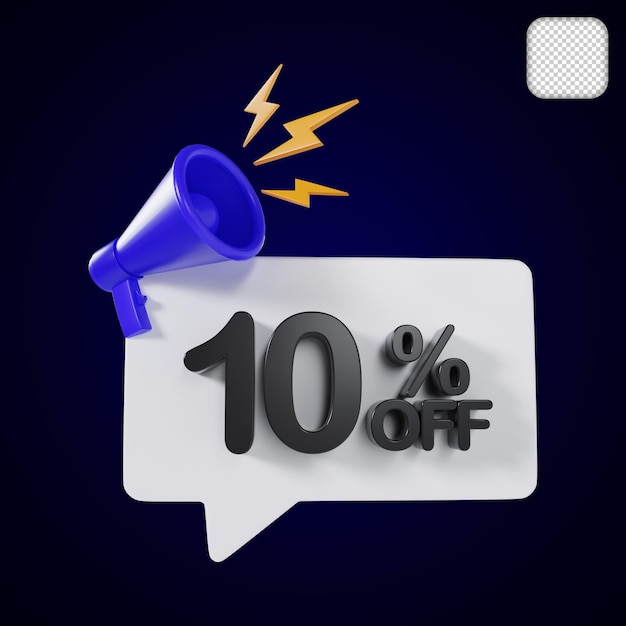 Offre de réduction de vente 10 pour cent de réduction avec illustration 3d mégaphone