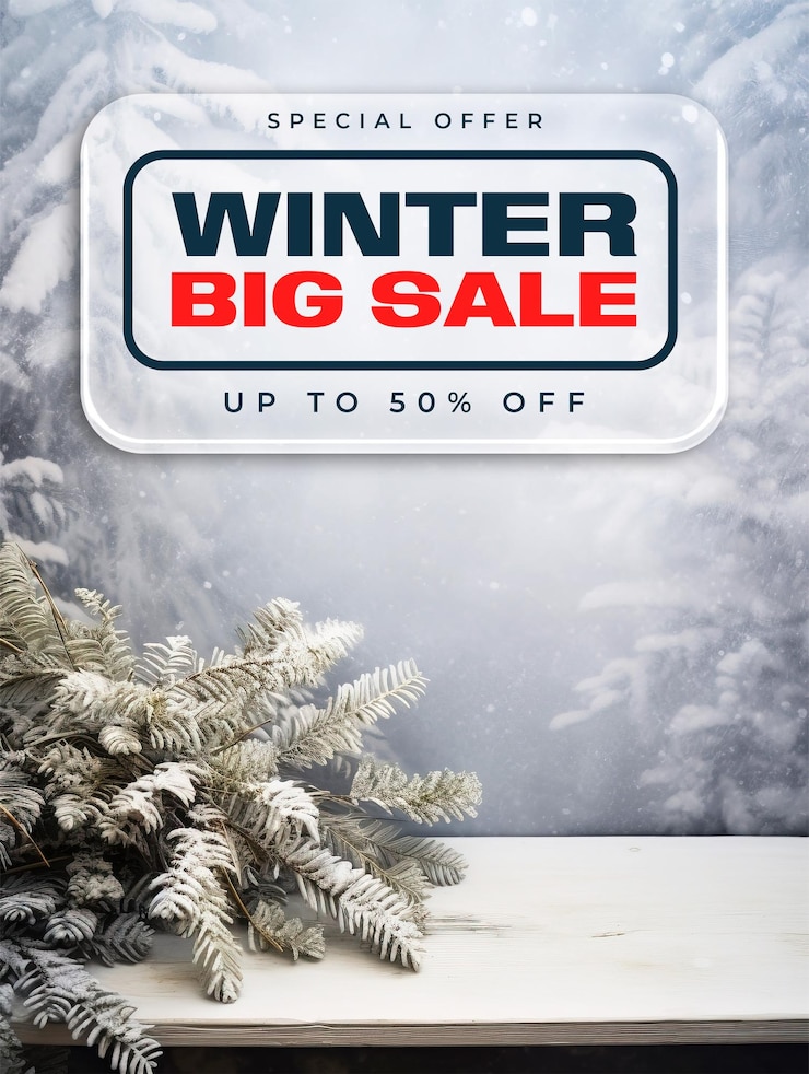 PSD offre spéciale modèle d'affiche de vente spéciale d'hiver avec affichage d'hiver branches de sapin sur table enneigée