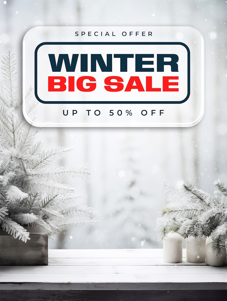 PSD offre spéciale modèle d'affiche de vente spéciale d'hiver avec affichage d'hiver branches de sapin sur table enneigée