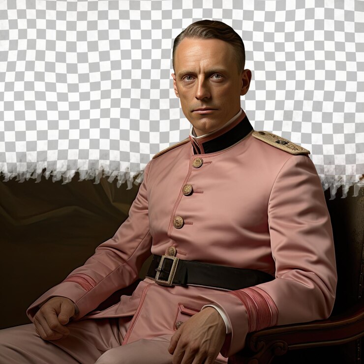 PSD oficial militar hombre escandinavo pose serena fondo pastel
