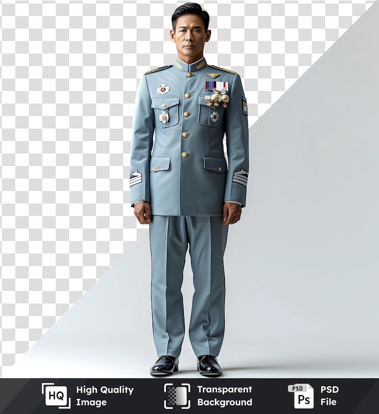 PSD oficial militar con uniforme completo de pie sobre un fondo transparente