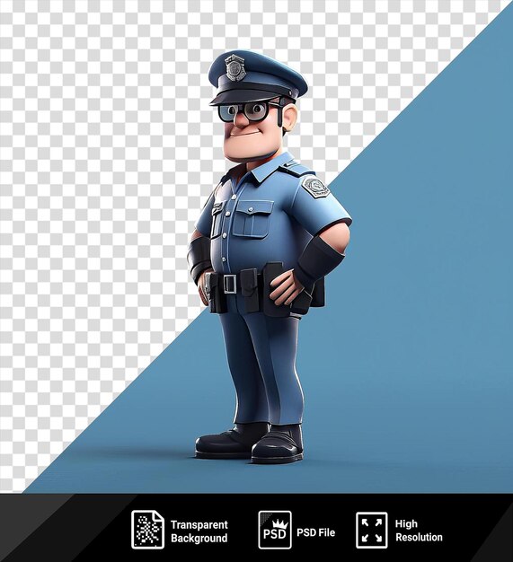 PSD oficial de policía 3d patrullando las calles con un sombrero negro y un cinturón con una mano visible en primer plano png psd