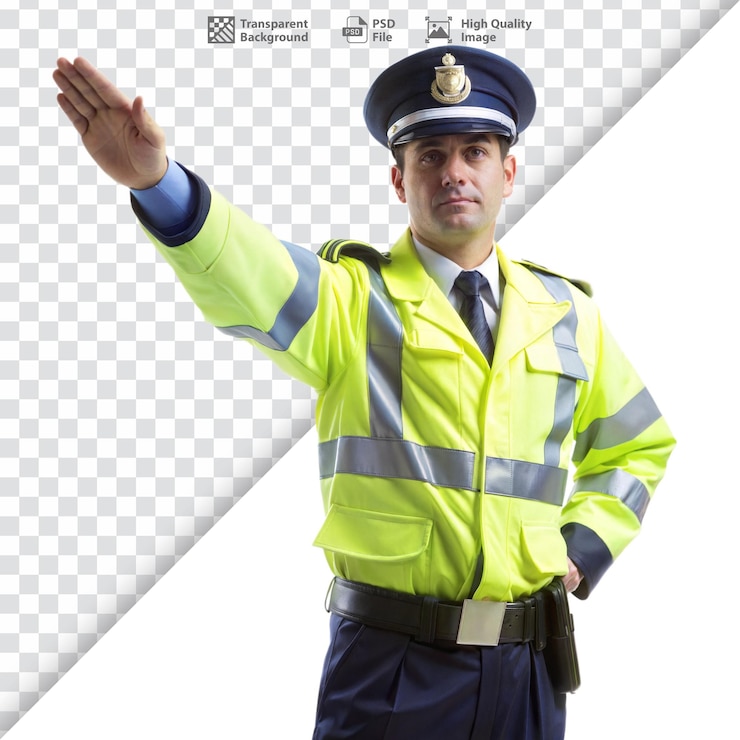 PSD oficial de policía en una chaqueta de alta visibilidad dirigiendo el tráfico aislado en un fondo blanco