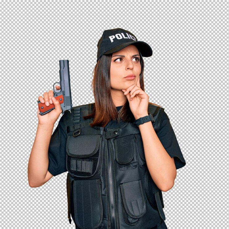PSD oficial de policía con equipo swat sosteniendo un arma