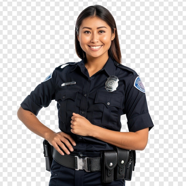 PSD oficial de policía con la mano en el cinturón sonriendo en el fondo transparente psd